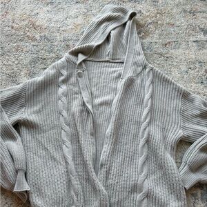 Hooded Cable Knit Women's Sweater Cardigan Jacket - Light Gray